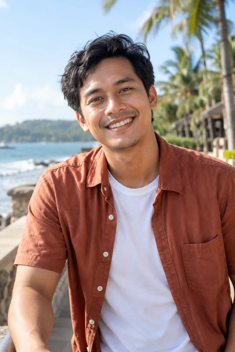Karakter AI fiktif dewasa, pria, tersenyum ramah