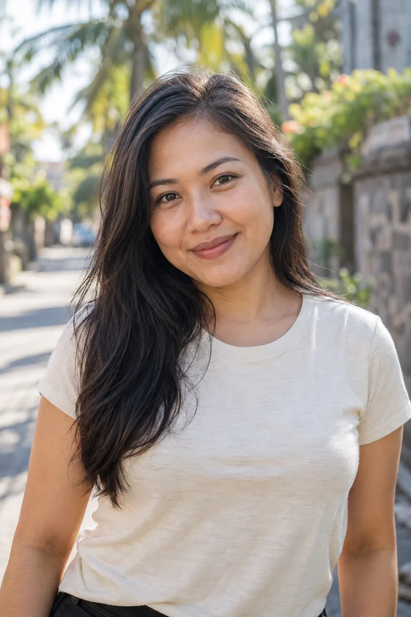 Karakter AI fiktif dewasa, perempuan, tersenyum ramah
