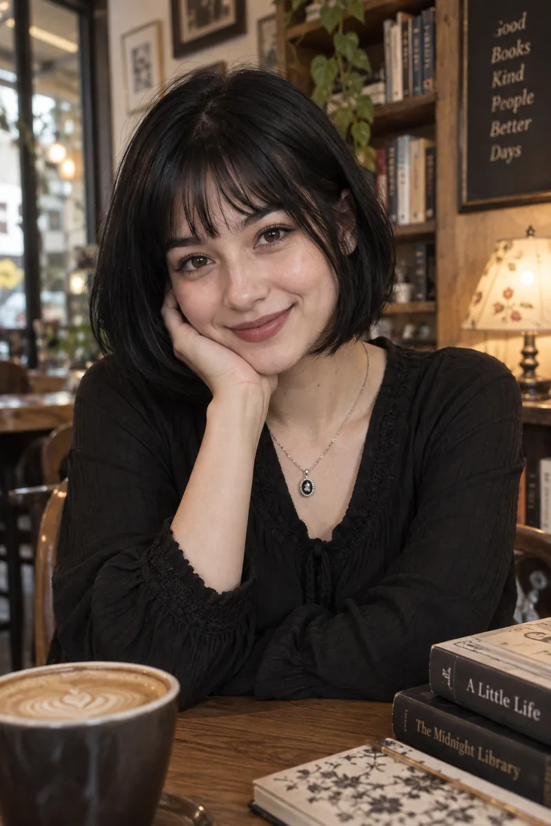 Karakter AI fiktif dewasa, perempuan, tersenyum ramah